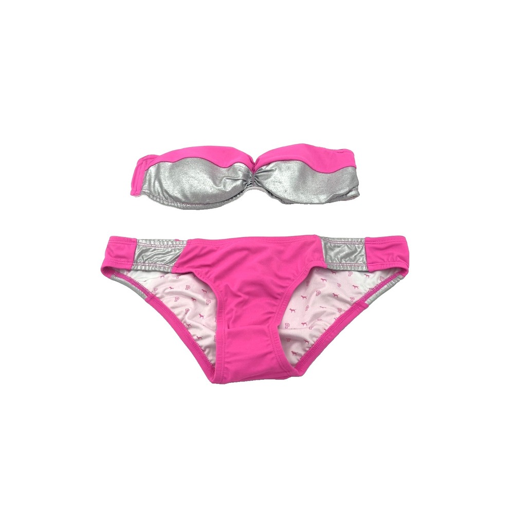 Victoria's Secret Pink Bikini Set Bandeau Top Metallic Pink Medium